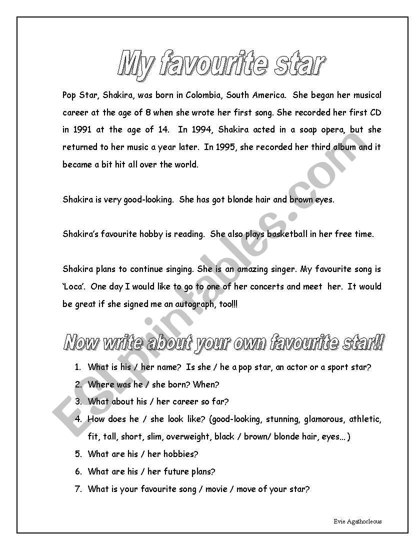 Writing: My favourite Star worksheet