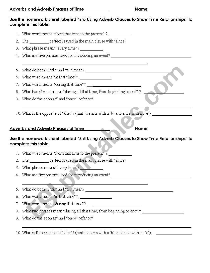 adverbs of time worksheet