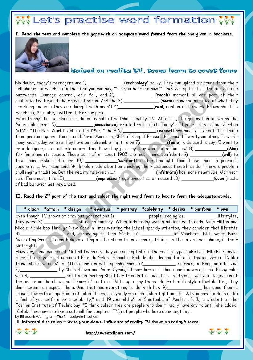 LetÂ´s practise word formation - REALITY TV, TEENS AND FAME