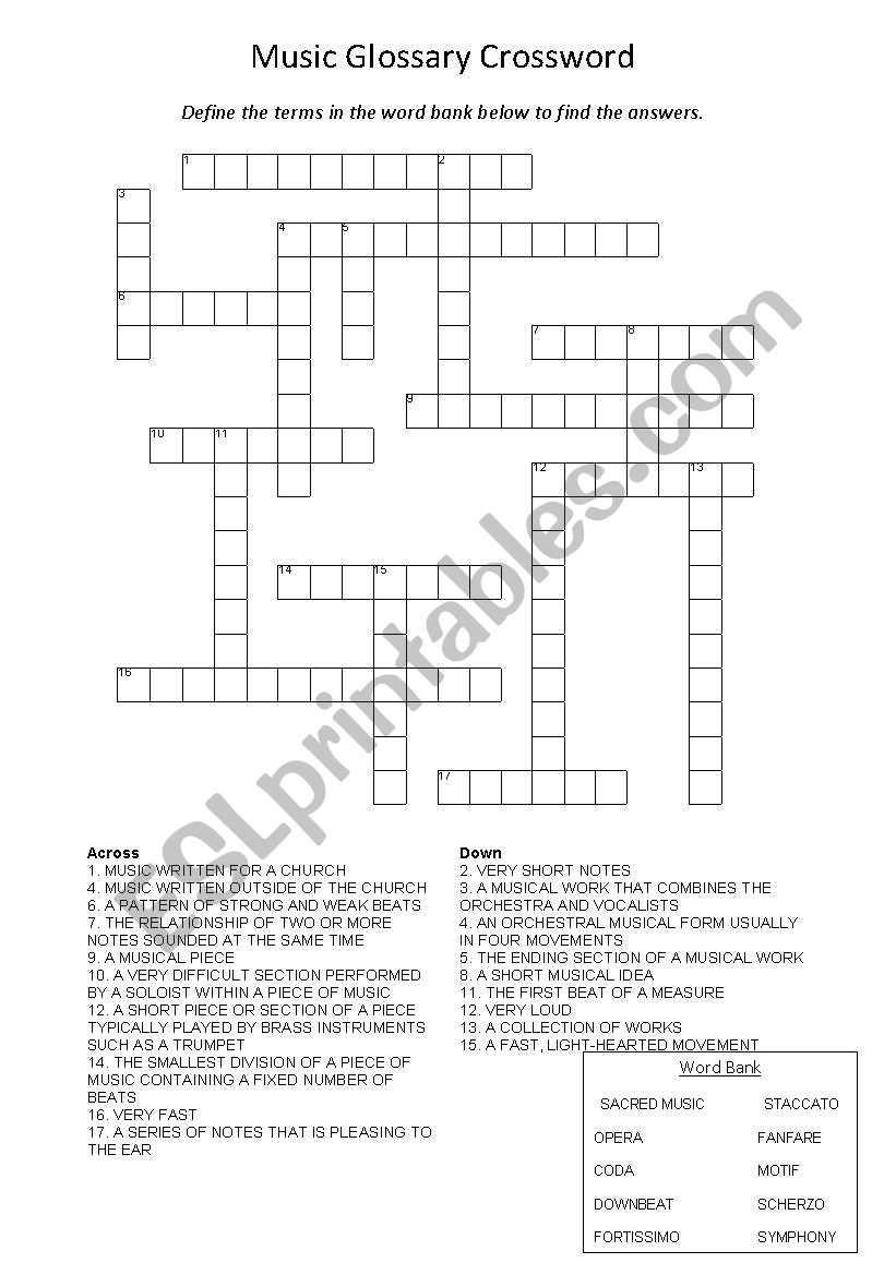 Music Glossary Crossword worksheet