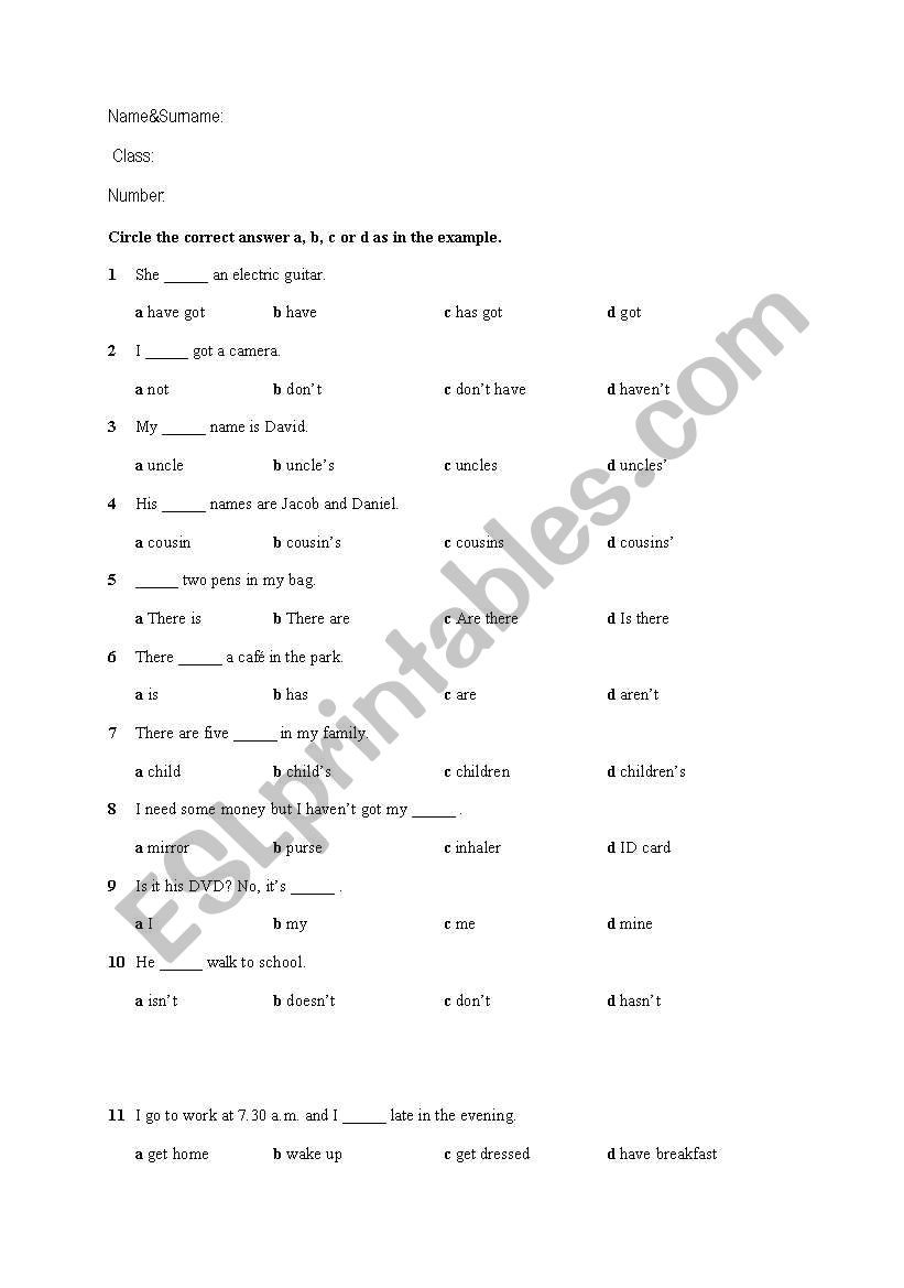 Multiple Choice Test worksheet