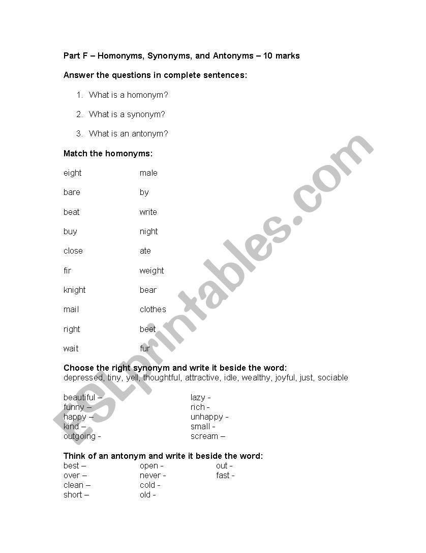 Homonyms, Synonyms, and Antonyms Quiz