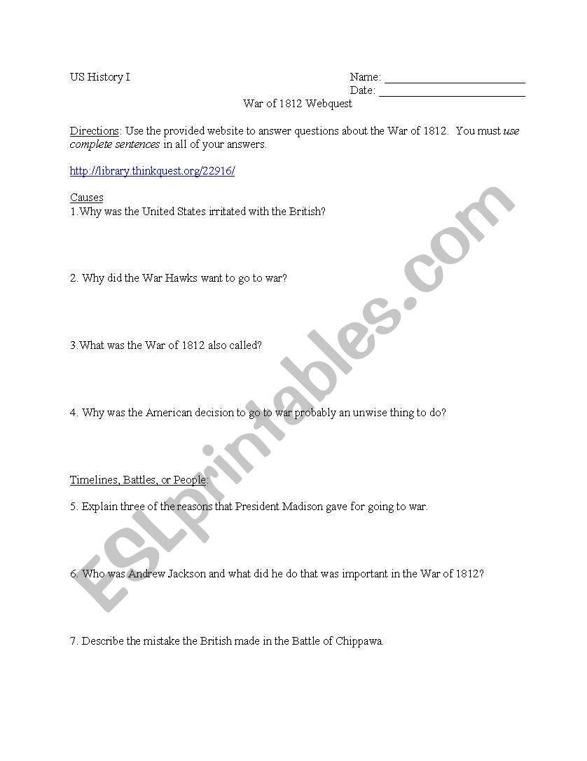 War of 1812 Webquest worksheet