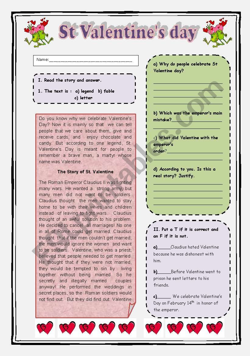 St. Valentines day worksheet