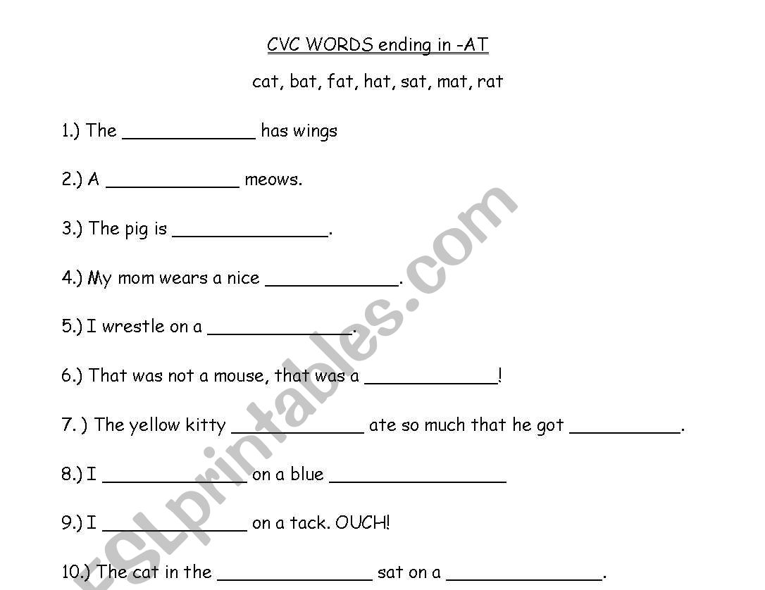 CVC WORDS ending in -AT worksheet