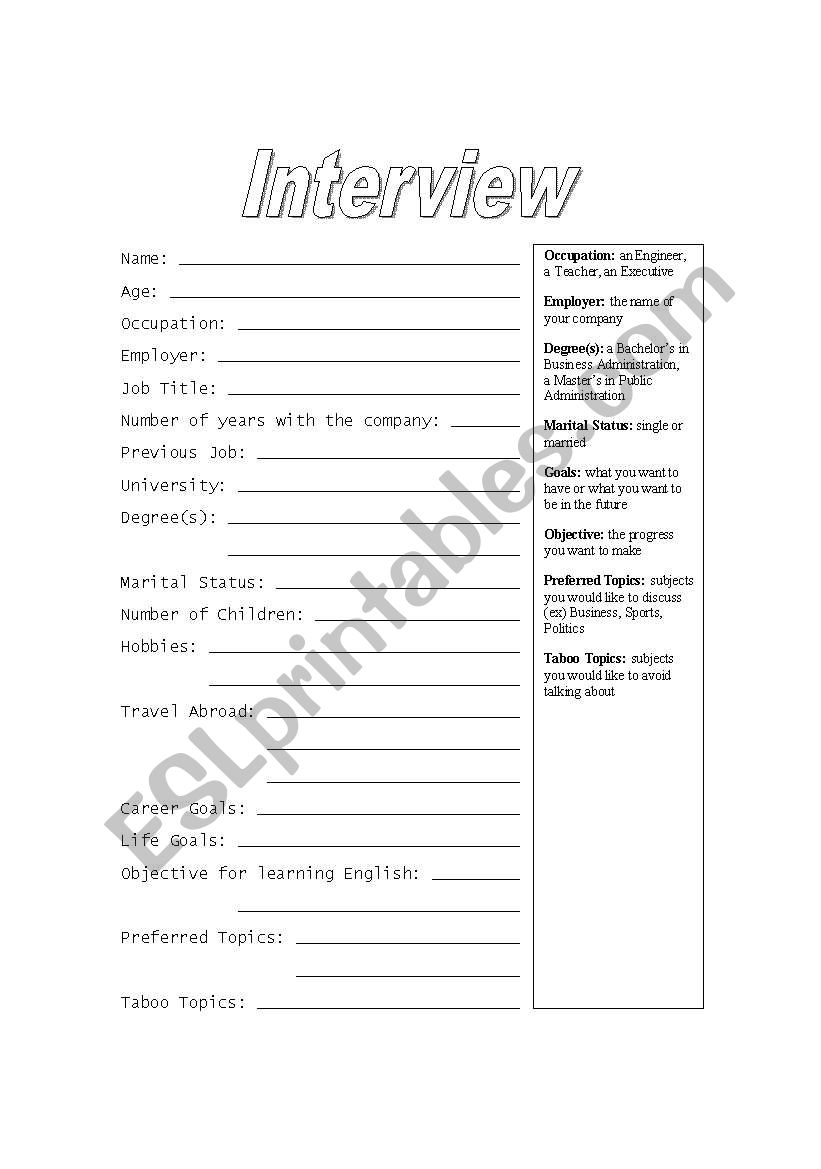First class interview worksheet