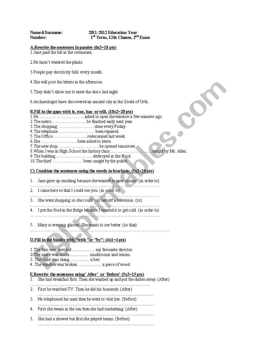 exam worksheet