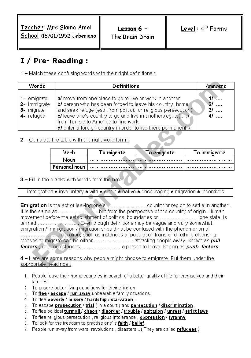 Brain Drain worksheet