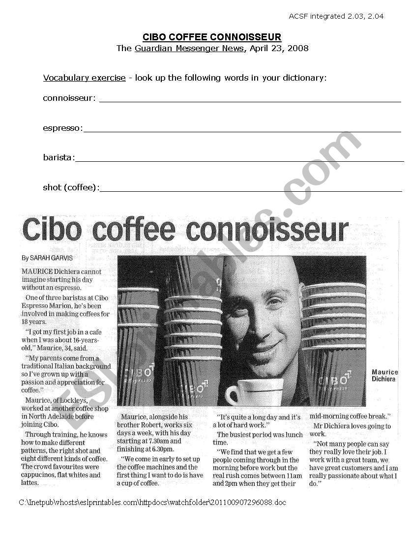 Coffee Business worksheet