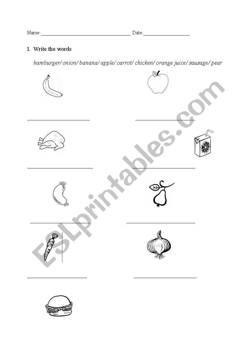 food worksheet
