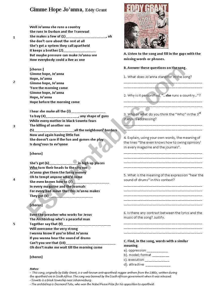 Gimme Hope Joanna worksheet