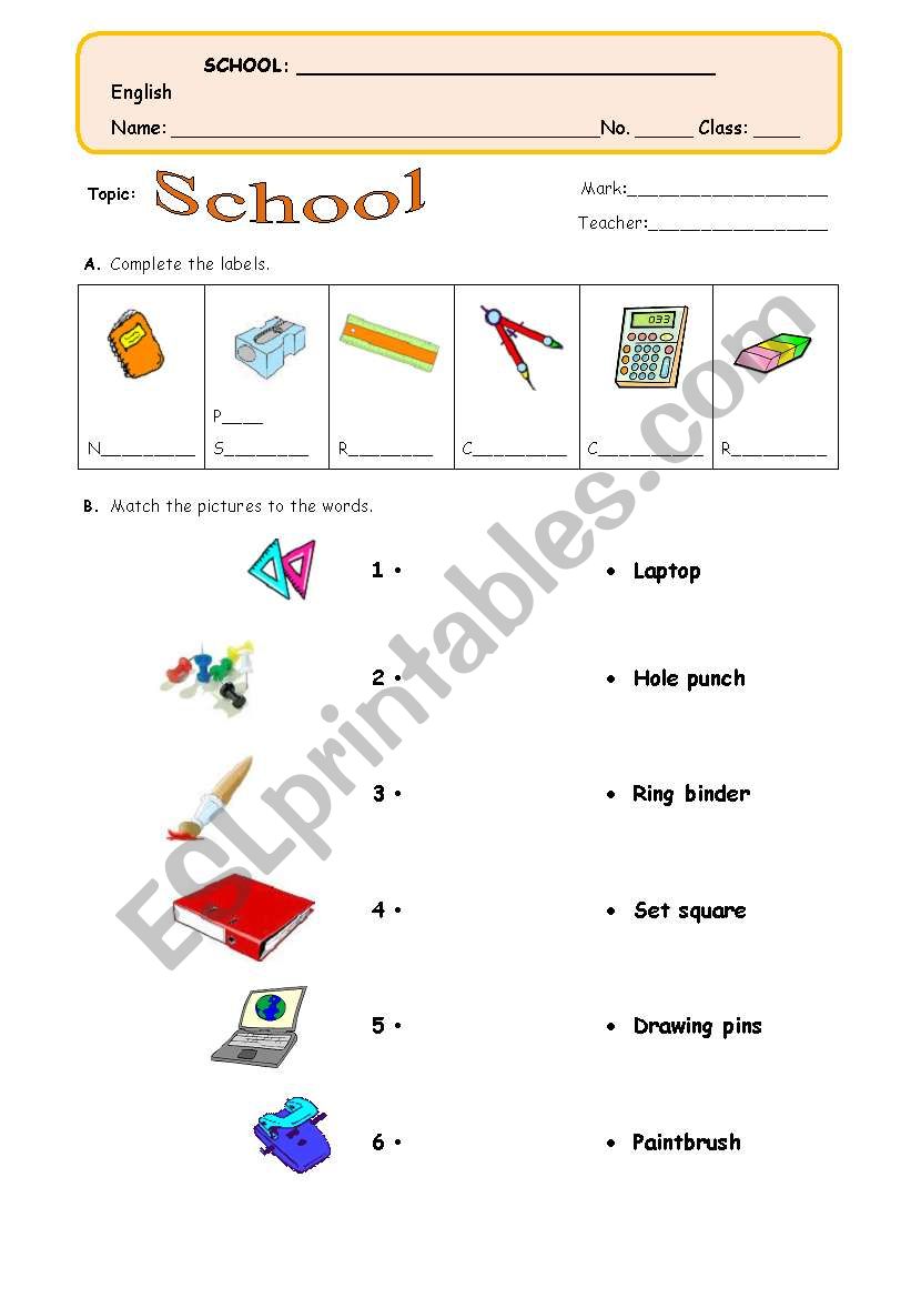 School vocabulary test worksheet