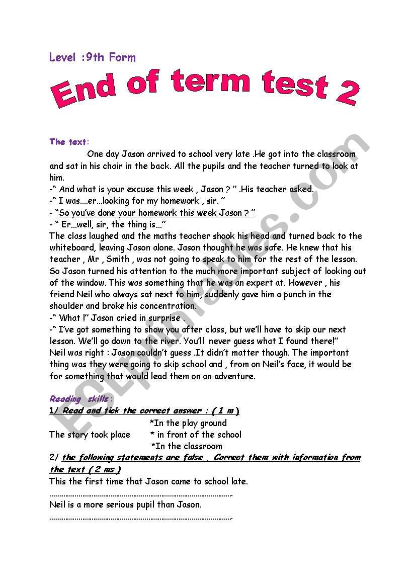  9th form end of term test 2  worksheet