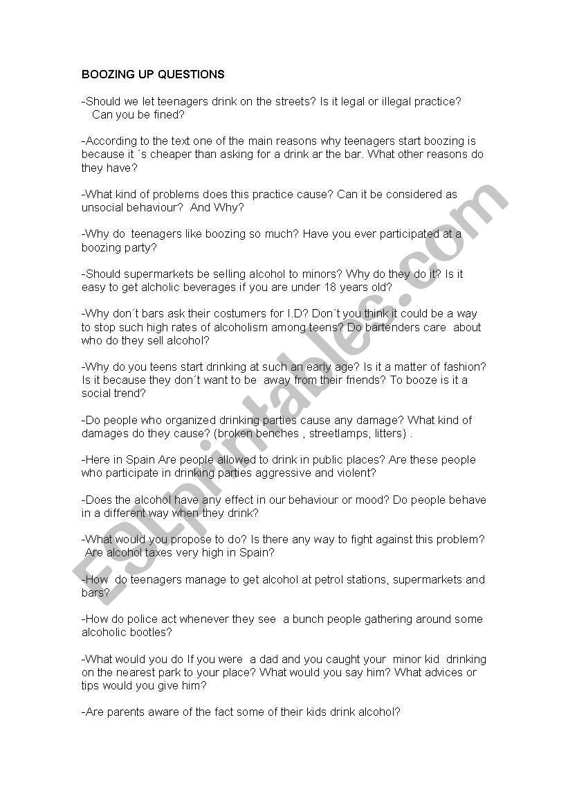 Boozing up questions worksheet