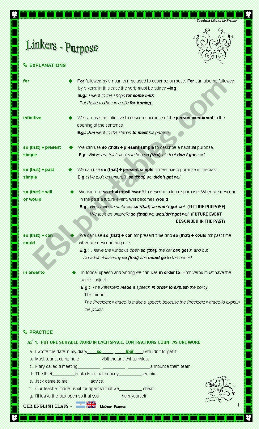 Linkers - Purpose worksheet