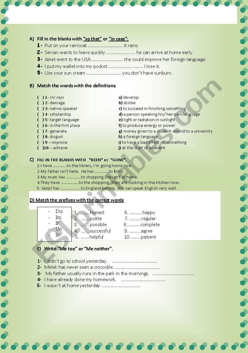 Revision worksheet