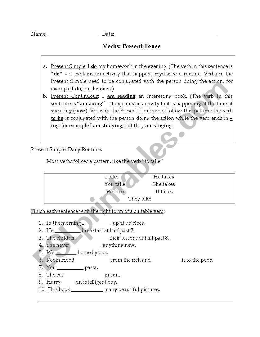 Present Tense worksheet