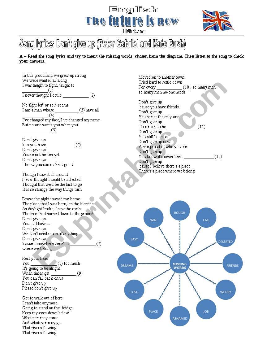 Dont give up - song lyrics worksheet