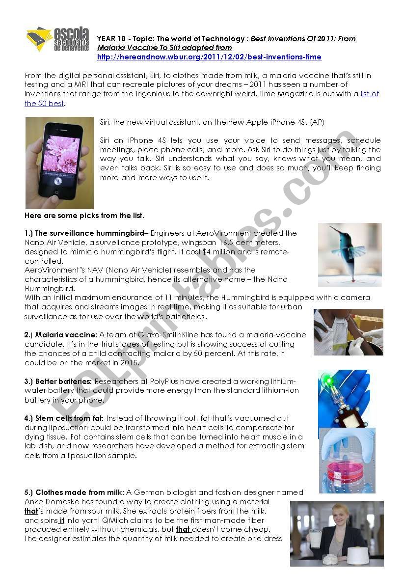 2011 best inventions by Time worksheet