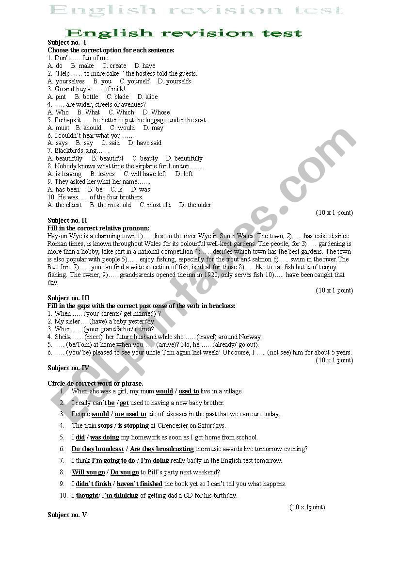 English revision test worksheet