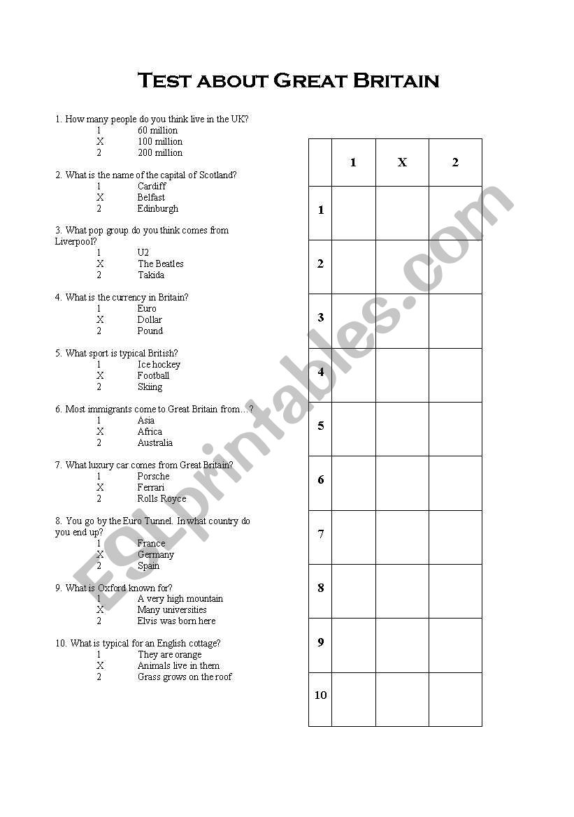 Quiz about Great Britain worksheet