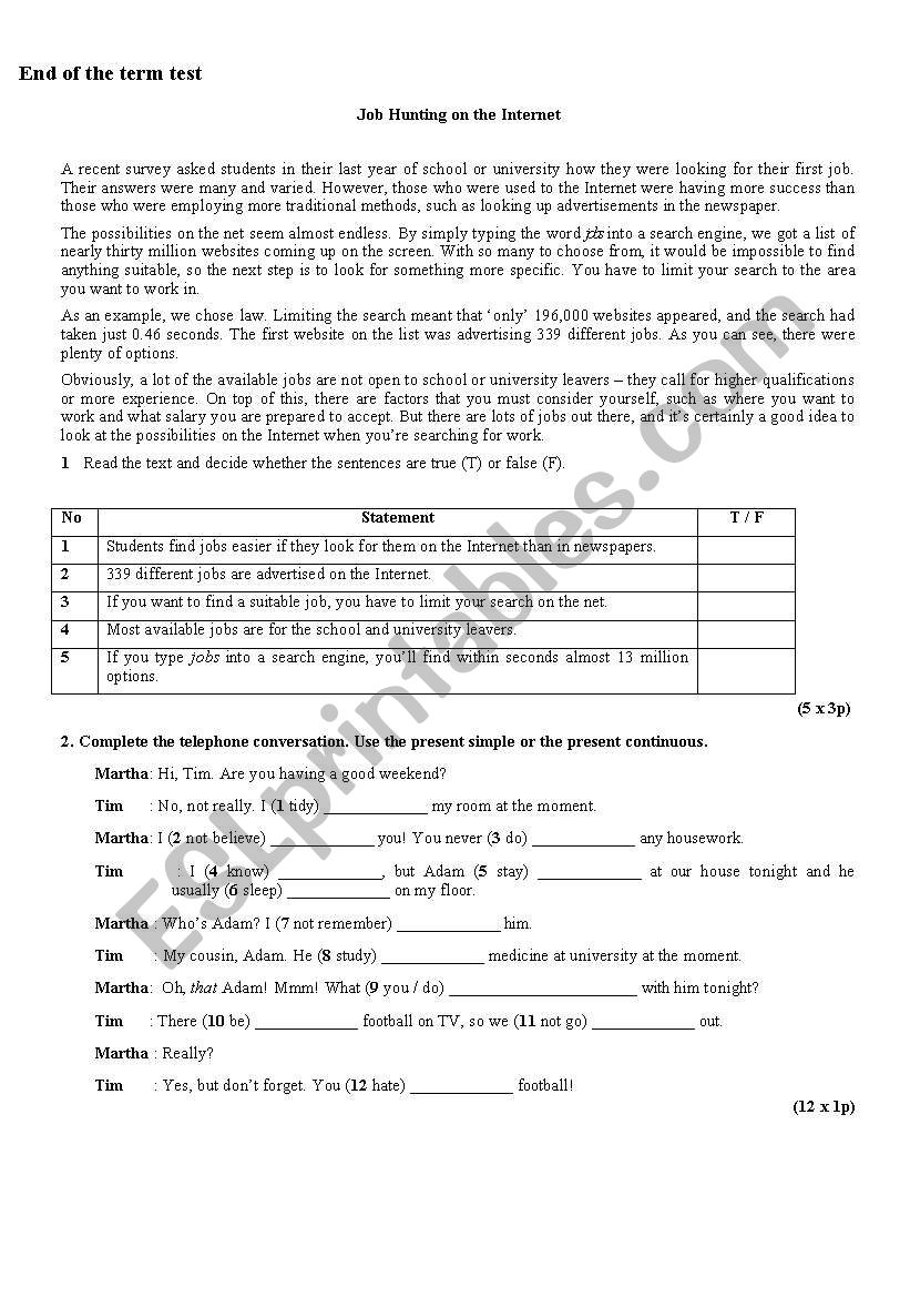End of the term test worksheet