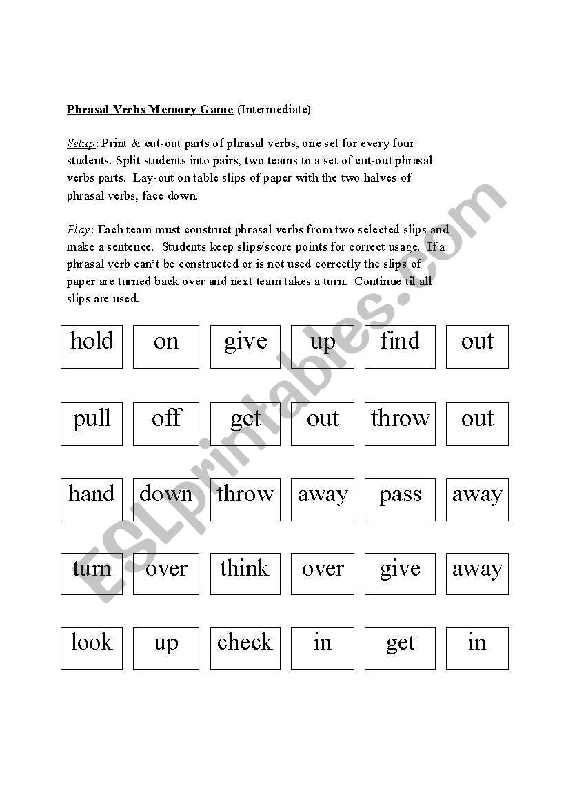 Phrasal Verbs Memory Game worksheet