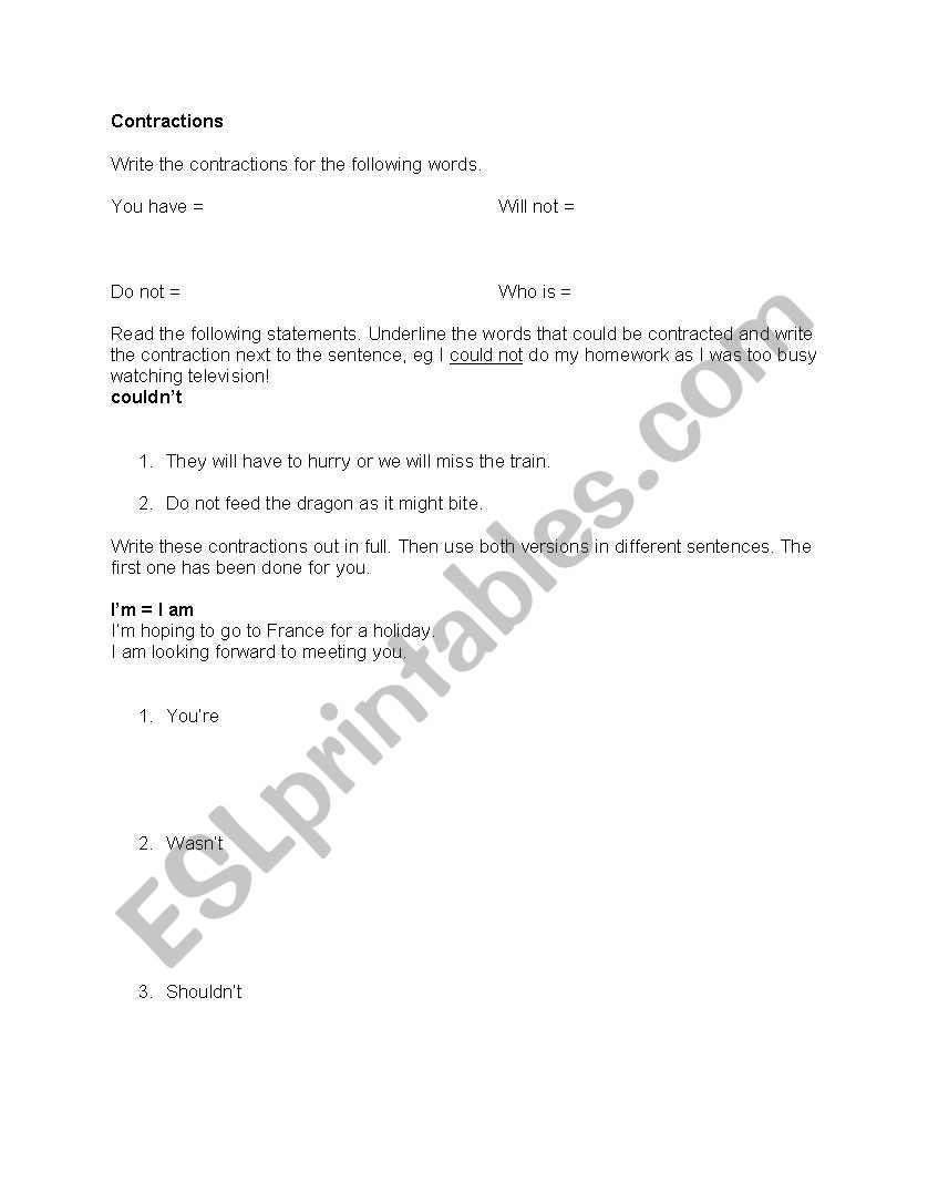 Contractions for Beginners worksheet