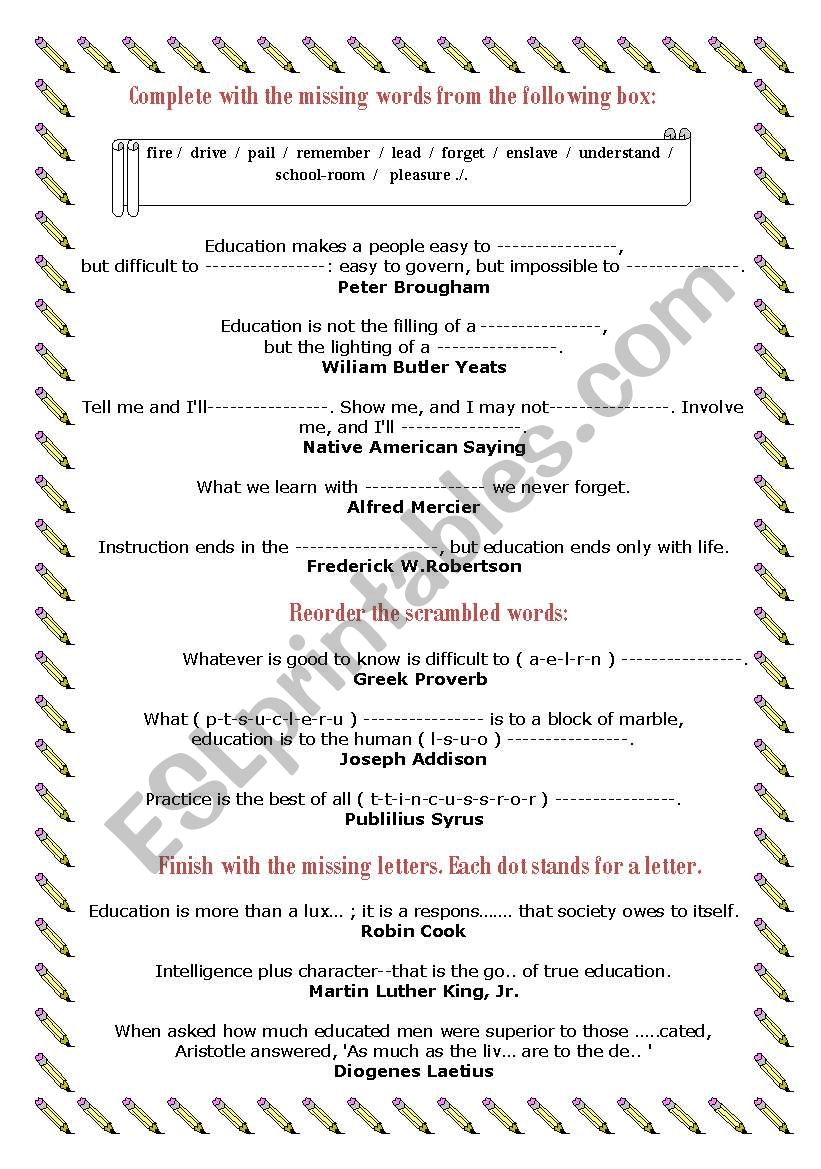 Education Proverbs and Quotes worksheet