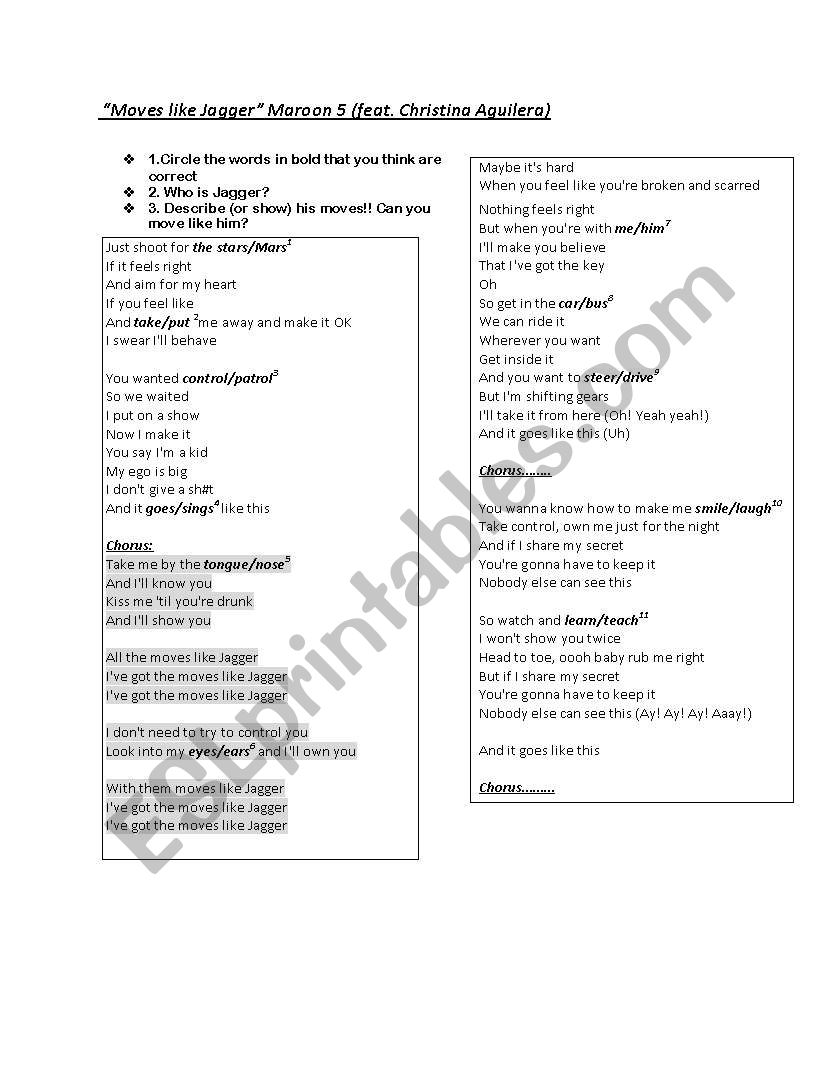 Moves like Jagger worksheet