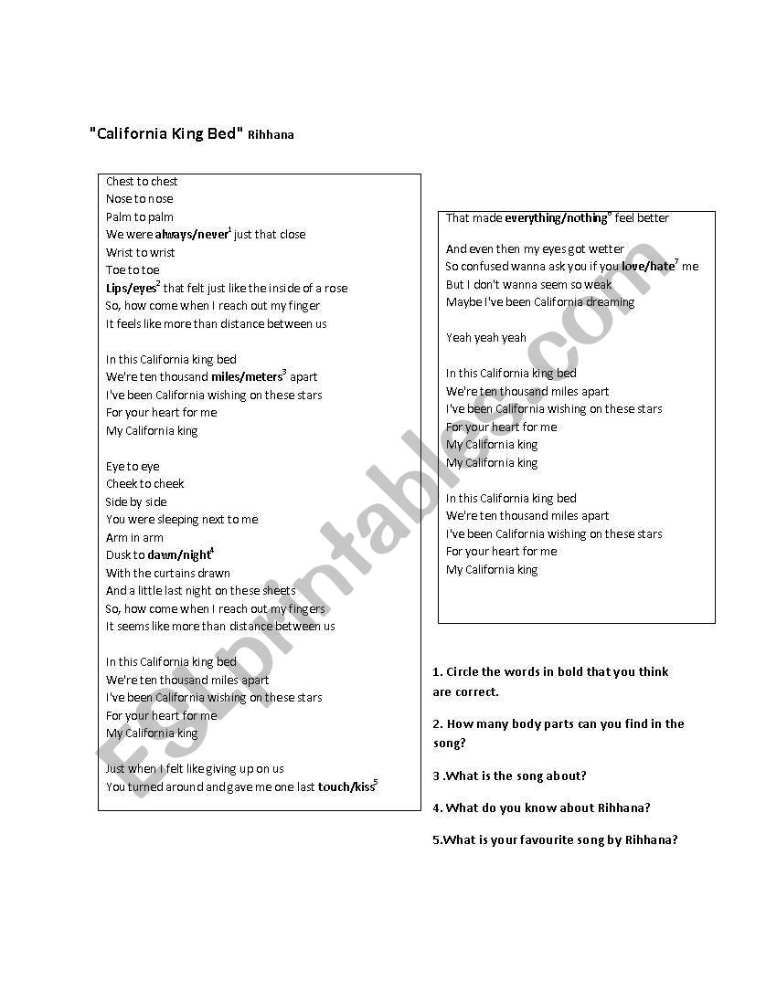 California king bed-lyrics worksheet
