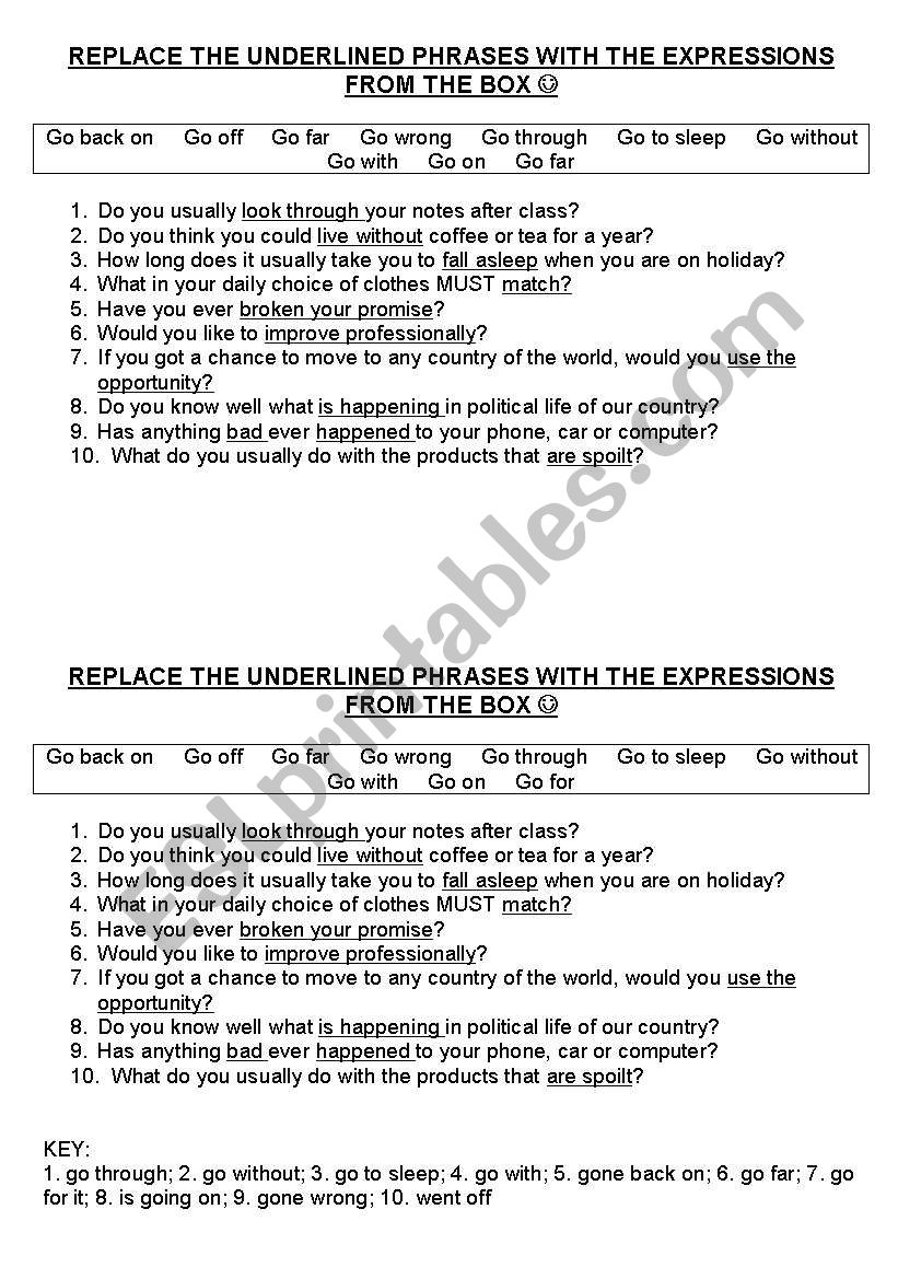 Expressions with TO GO worksheet