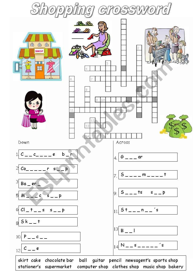 types of shops and items worksheet