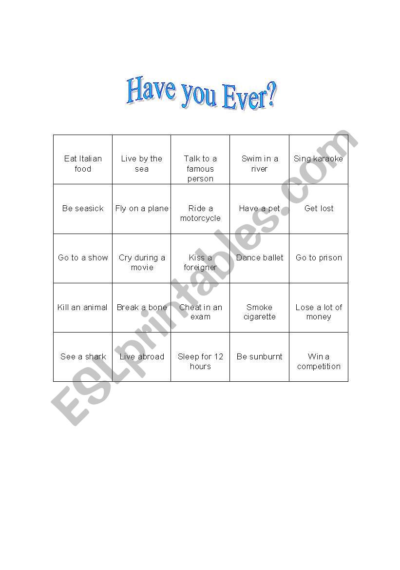 Have you ever? Bingo worksheet