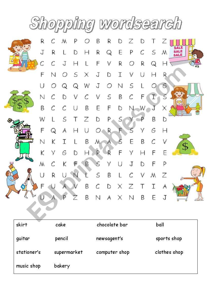 Types of shops and items wordsearch