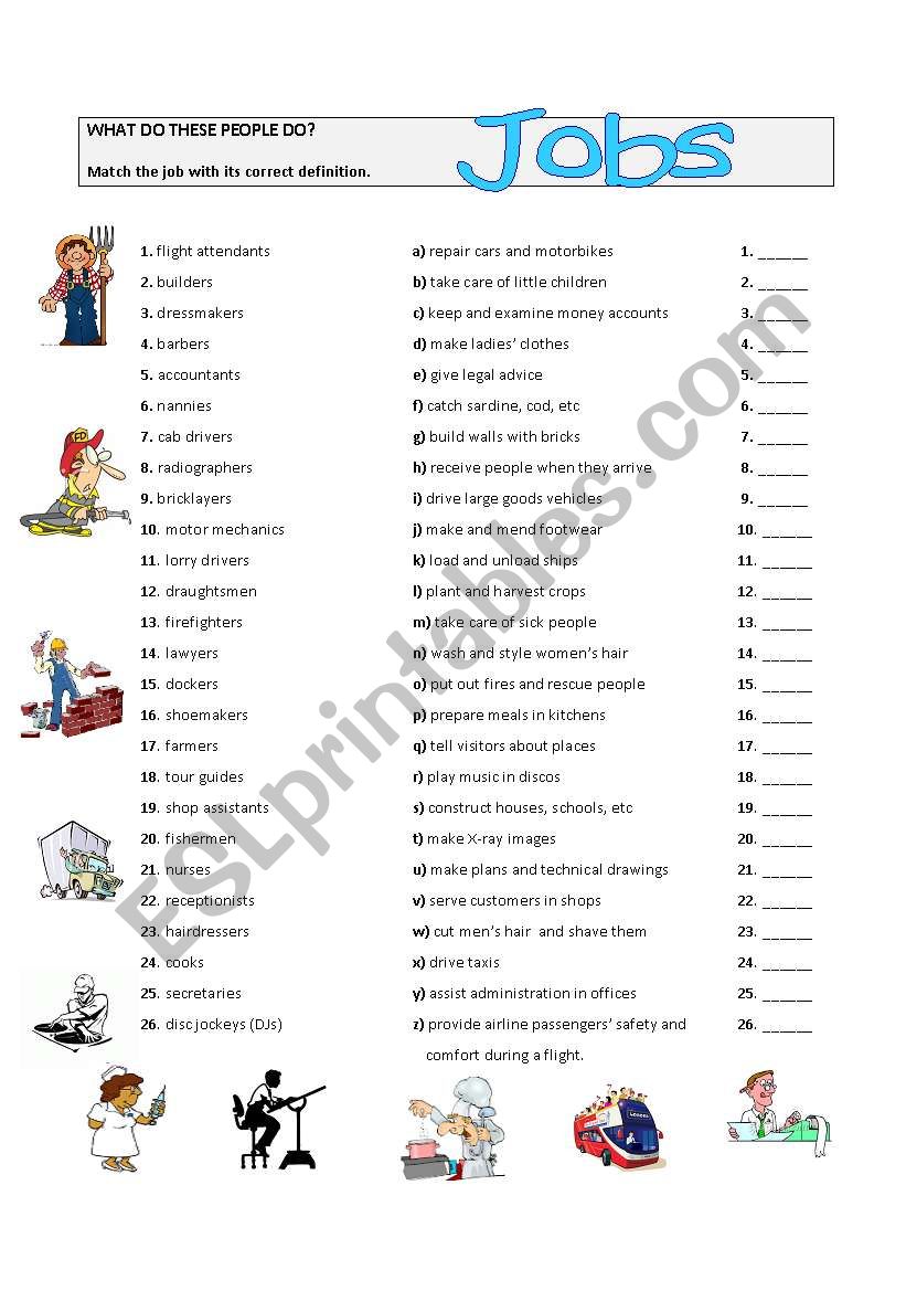 jobs - matching exercise worksheet