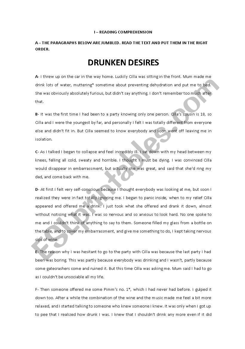 Addictions - Alcohol worksheet