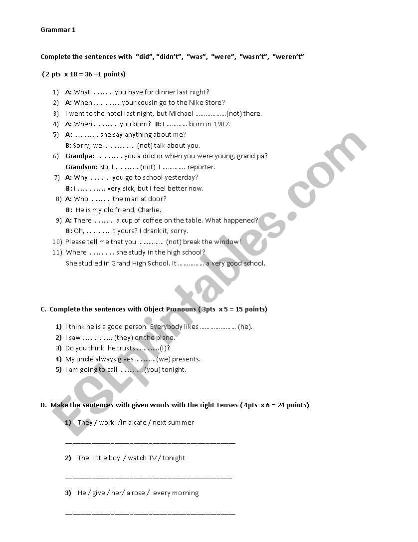 Grammar Review Worksheet 1 worksheet