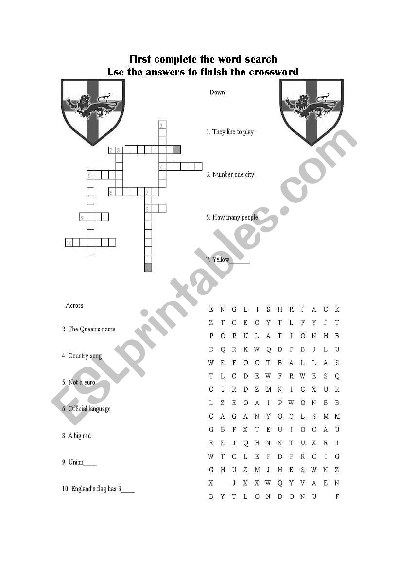 Vocab on England word search and crossword