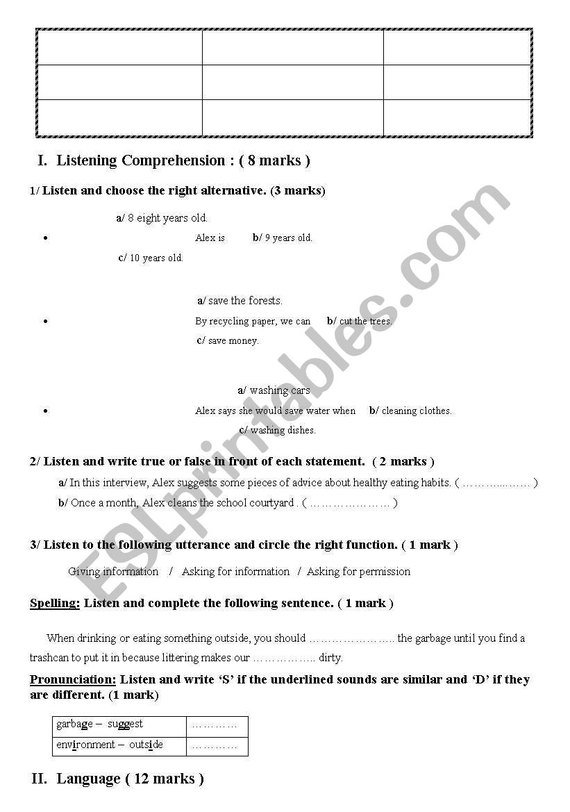 9 th form test worksheet