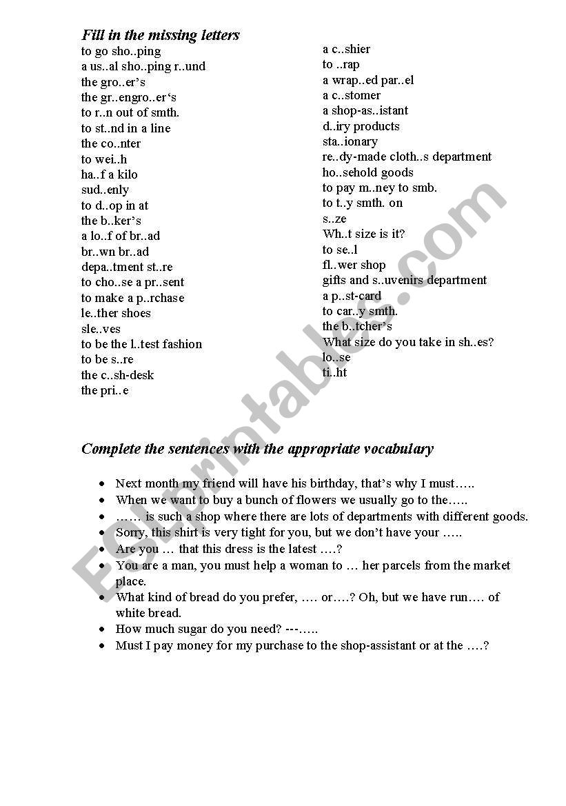 Shopping Vocabulary Practice worksheet