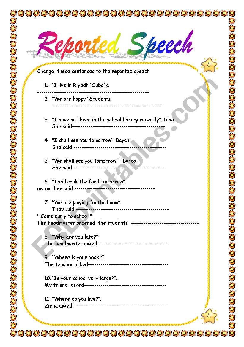 reporeted speech worksheet