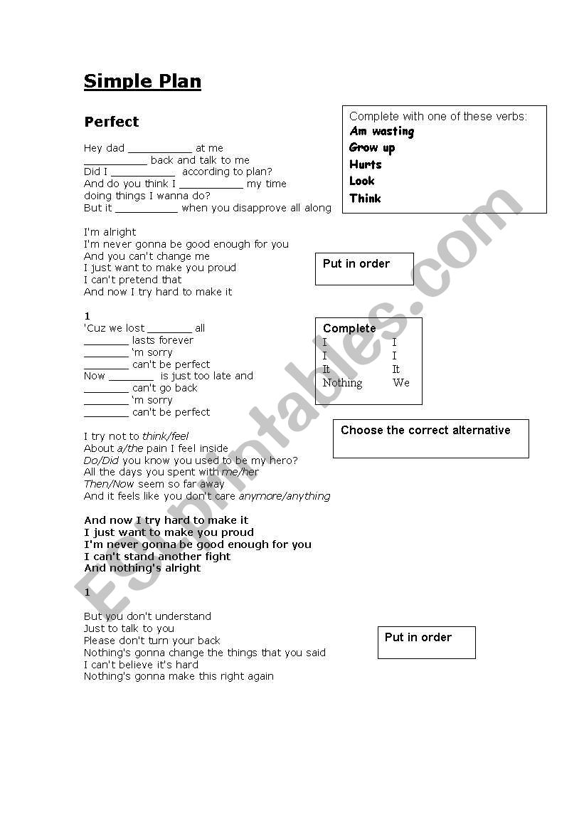 SIMPLE PLAN-Perfect worksheet