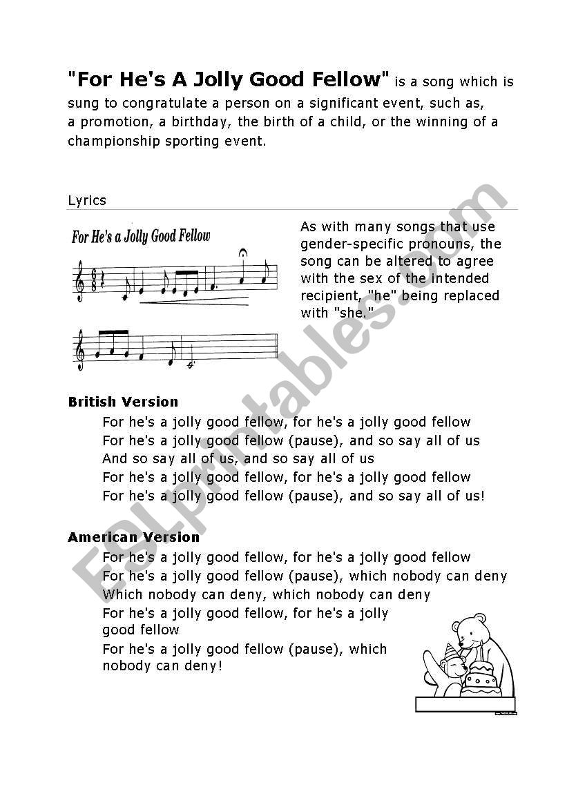 A jolly good fellow. worksheet