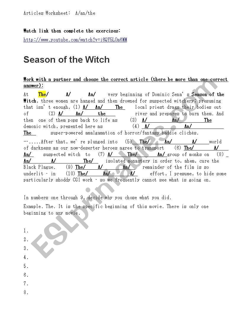 Aricles worksheet