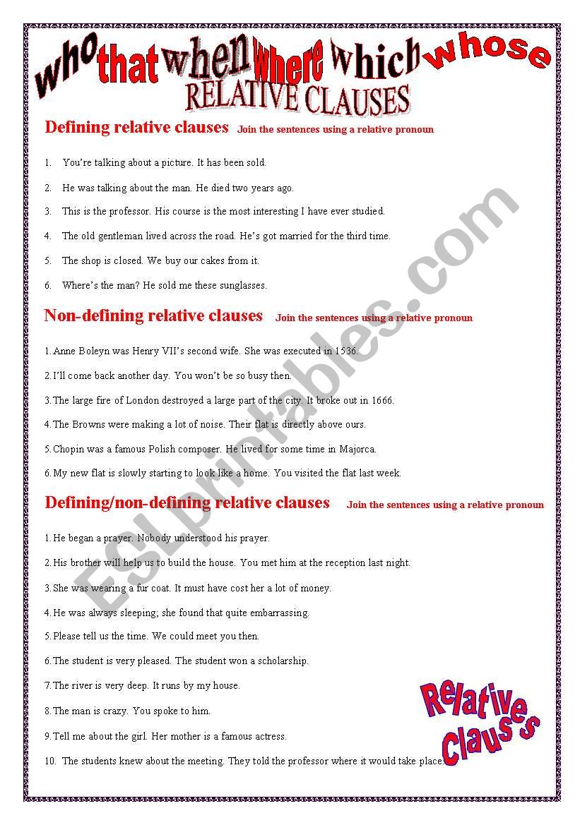 RELATIVE CLAUSES EXERCISES worksheet