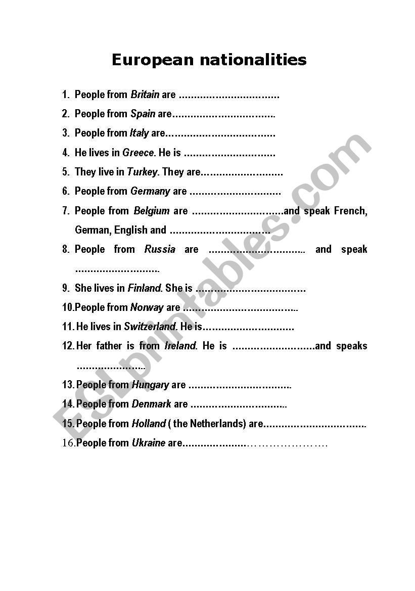 European nationalities worksheet