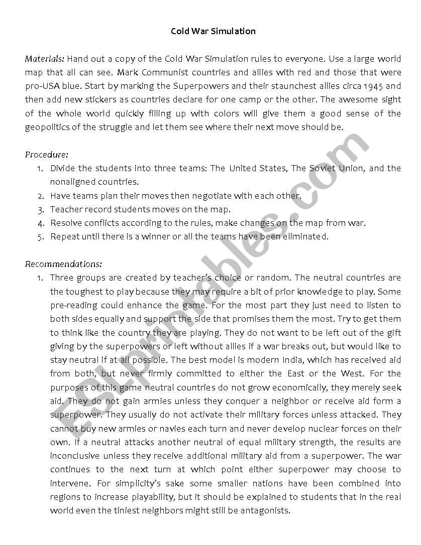 Cold War Simulation Game worksheet