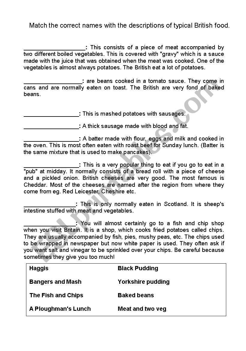 British food worksheet