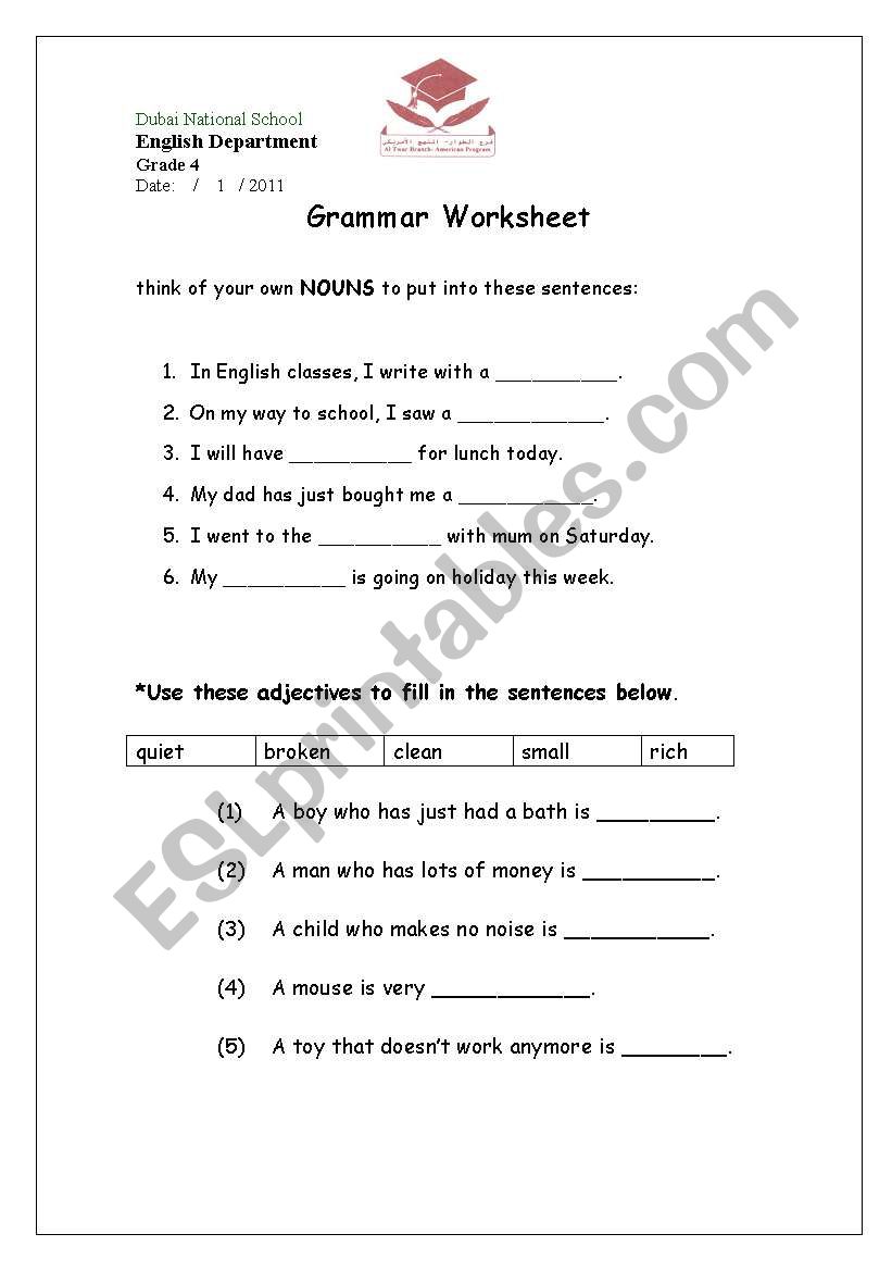 Esl Sentneces Noun Verb Adj Worksheet